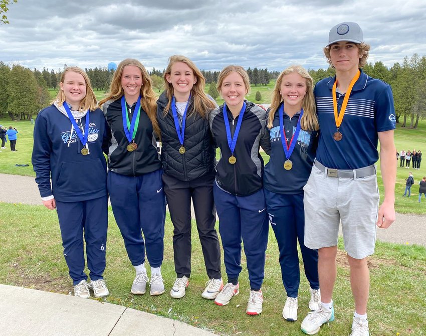 Six North Woods golfers will be competing in the Class A state tournament in Becker on June 14-15 after turning in qualifying performances at the Section 7A tourament in Virginia. Members of the qualifying first-place girls team include, from left, Abbigail Shuster, Morgan Burnett, Haley Bogdan, Madison Dantes, and Tori Olson. Davis Kleppe qualified for the boys.