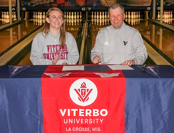 Haley Bogdan and Viterbo University bowling coach Jim Socha are all smiles after she recently   committed to bowl for the Wisconsin university.