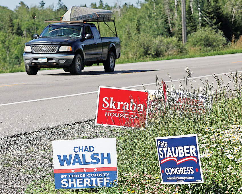 Numerous political signs were posted along Highway 169 outside of Ely last weekend.