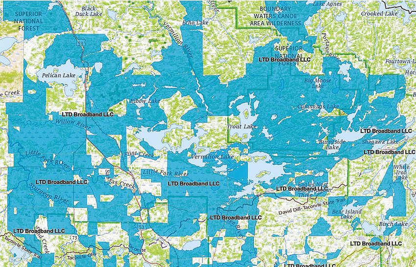 LTD&rsquo;s winning bid for providing broadband coverage in northern St. Louis County includes the areas shadded in blue.