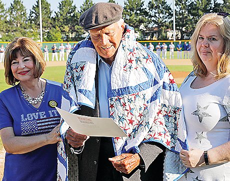 Calvin Herrala, Ely&rsquo;s oldest military veteran, was recently presented with a Quilt of Valor by Joan   Novosel, of the Ely American   Legion Post 258 auxiliary, and   Michelle Sherwood, of the   Quilts of Valor Foundation.