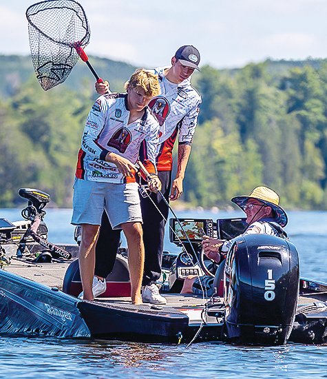The tournament-winning Eden Prairie team of Danny Frischmon and Asher Weinberger prepare to haul in another bass on Sunday.