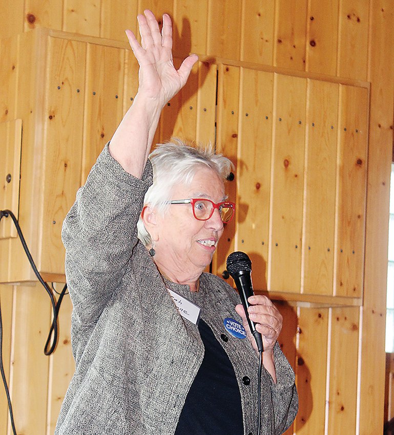 Political activist Leah Rogne gestures during remarks during a pro-choice rally in Ely last Sunday.