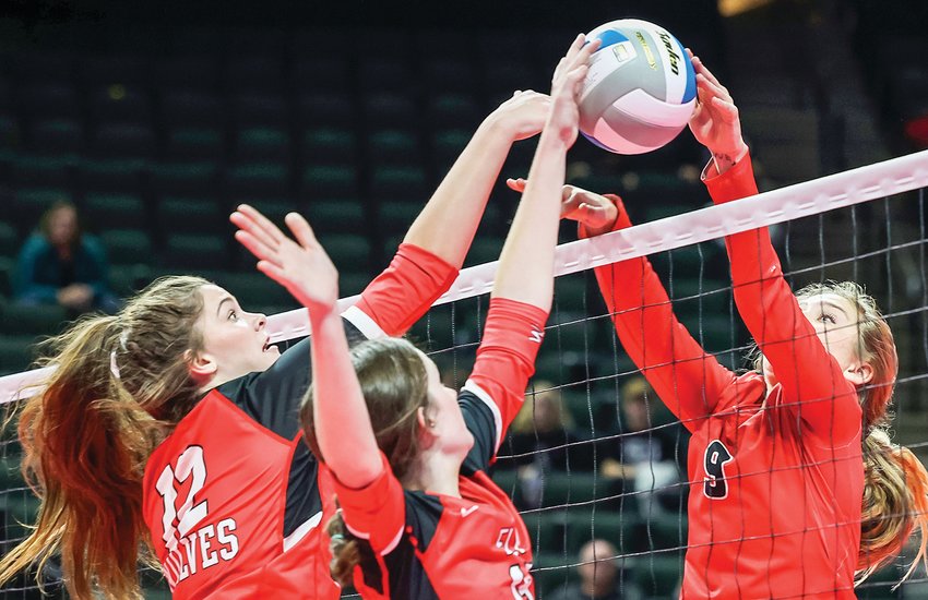 Ely&rsquo;s Lily Rechichi and Madeline Kallberg   battle for control of the ball against Mayer Lutheran in the opening round of the state volleyball tournament, held last   weekend in   the Twin Cities.