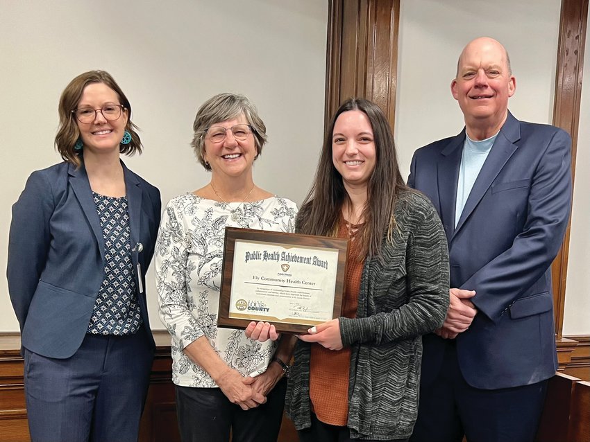 The Ely Community Health Center received a Public Health Achievement Award from St. Louis County on April 3 at the county commissioners&rsquo; meeting. From left: St. Louis County Public Health and Human Services Director Linnea Mirsch, Peggy Stolley and Helen Tome from the Ely Community Health Center, and St. Louis County Commissioner Paul McDonald.