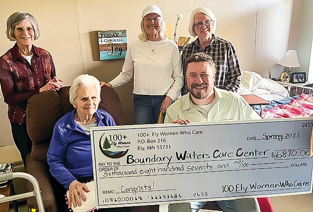 As one of the many who donated to the Boundary Waters Care Center, 100 Ely Women Who Care donated $6,870 recently. Front row, (l-r) Barbara Kollar, 101-year-old resident of BWCC and Adam Masloski. Back row: Emily Brown, Cindy Gardner, and Mary Zimmerman.