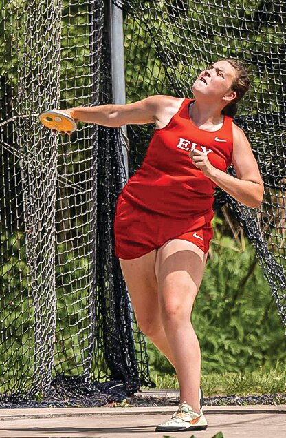Ely&rsquo;s Kaylin Visser winds for her state-qualifying discus throw at the Section 7A track meet held June. 1