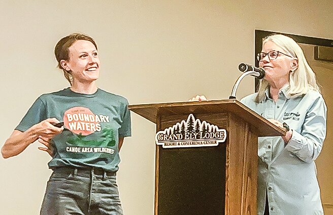 ngrid Lyons (left) and Becky Rom presented an overview of the Northeastern Minnesotans for Wilderness strategy for protecting the Boundary Waters at the July 25 Tuesday Group meeting at the Grand Ely Lodge.