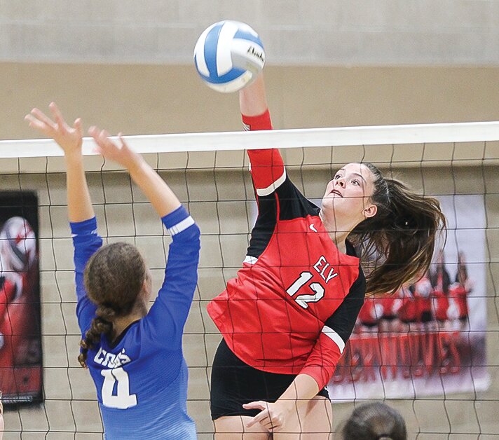 Ely junior Lilli Rechichi goes up high for a certain kill as the Wolves overpowered Lakeview Christian in straight sets on Monday.