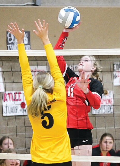 The Wolves' Audrey Kallberg goes up for a kill.