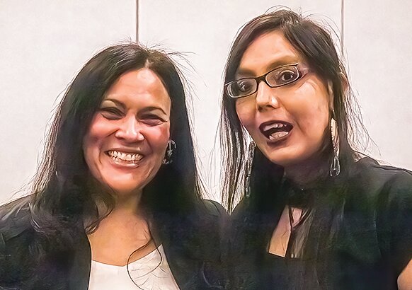 Screenwriter, director, actor, and producer of &quot;A Winter Tale&quot; Rhiana Yazzie (left) and Indigenous Film Night organizer Khayman Goodsky share a moment after Yazzie's post-film Q&amp;A session.