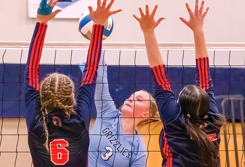 The Grizzlies&rsquo;   Lauren Burnett goes up for a kill attempt against   Nashwauk-Keewatin.