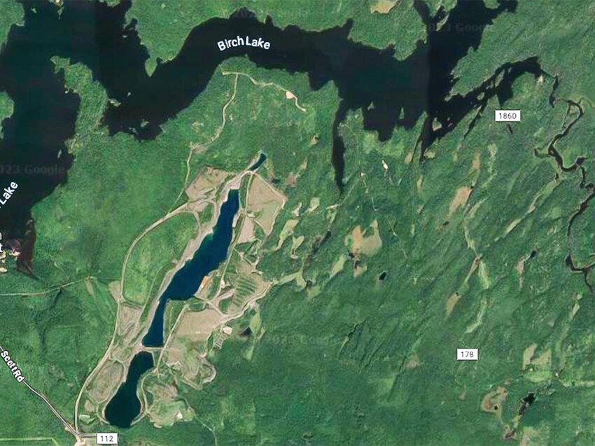 A Google maps image of a portion of Birch Lake, including the mine-impacted lands on the lake&rsquo;s south side, which are responsible for the recent impaired listing for sulfate. The Peter Mitchell pit is located just west of this image and drains into the Dunka River.