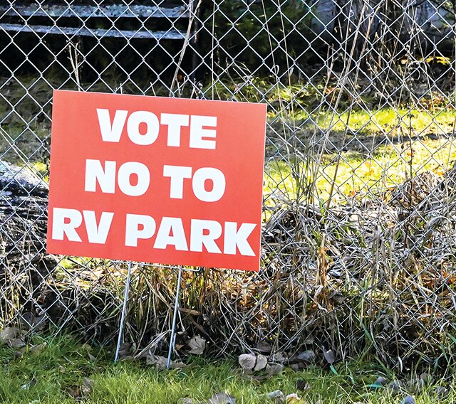 One of many signs along Pioneer Rd. in Ely   protesting a proposed new RV park. The third public hearing on the matter was recently adjourned after 22 seconds without a decision.