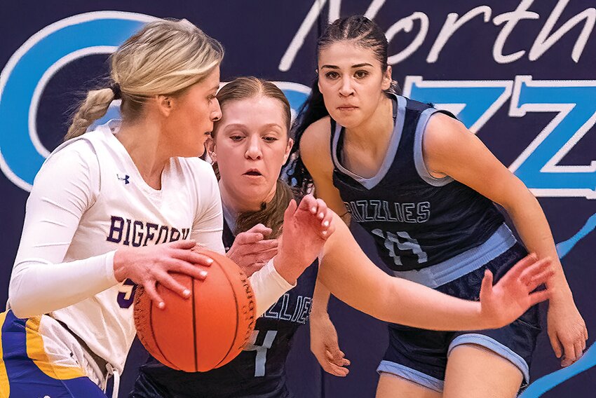 North Woods&rsquo; Tatum Barto looks on from the lane as Helen Koch        applies pressure to a   Bigfork ballhandler.