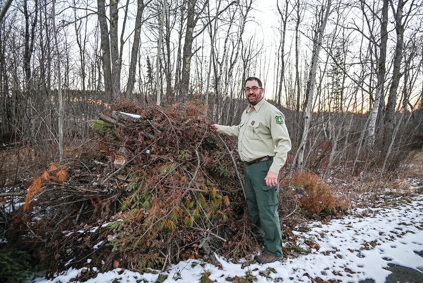 Kawishiwi District Ranger Aaron Kania with a pile of cut and cleared understory fire fuels.