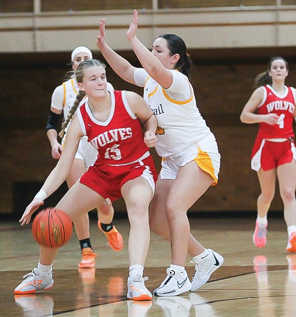 Ely freshman Amelia Penke looks for an opening under heavy pressure from a Duluth Marshall defender.