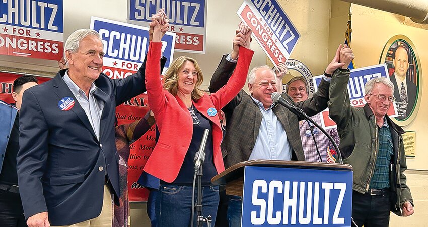 Jen Schultz, flanked by Gov. Tim Walz and former U.S. Rep. Rick Nolan, helped make the pitch for Schultz&rsquo;s campaign to replace current Rep. Pete Stauber.