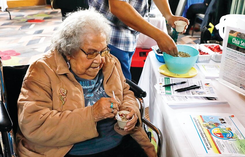 95-year-old Cecilia Connor samples a healthy snack based   on chia seeds.