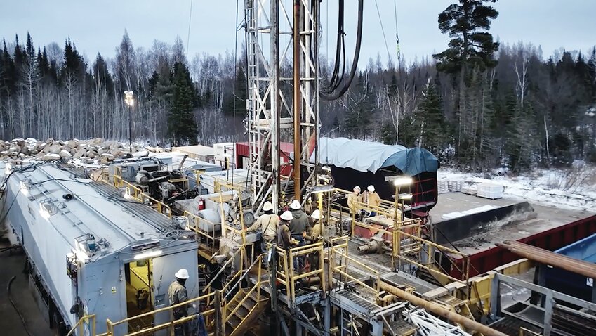 The drill rig in February at Pulsar Helium&rsquo;s exploratory borehole site southeast of Babbitt.