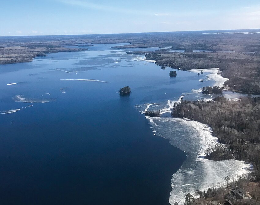 An aerial view of lingering ice on Lake Vermilion as of April 11. Ice was mostly limited to small bays. Big Bay had already cleared earlier in the week.