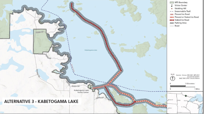 A map of possible plowed and staked ice roads on Kabetogama Lake under the revised frozen lake use plan proposal.