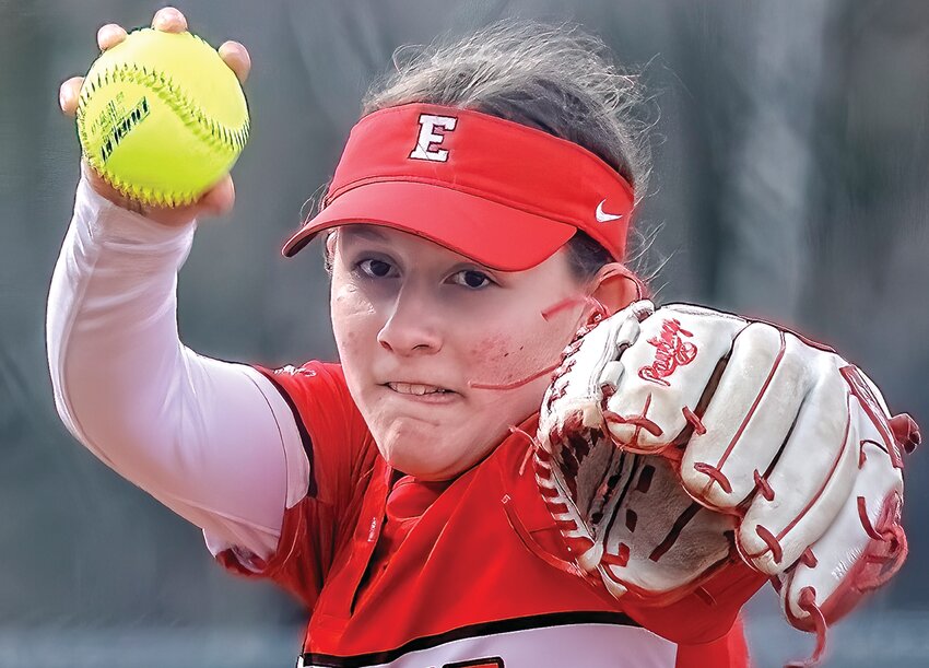 Ely&rsquo;s Zoe MacKenzie zeroes in on home plate as she winds for a pitch.