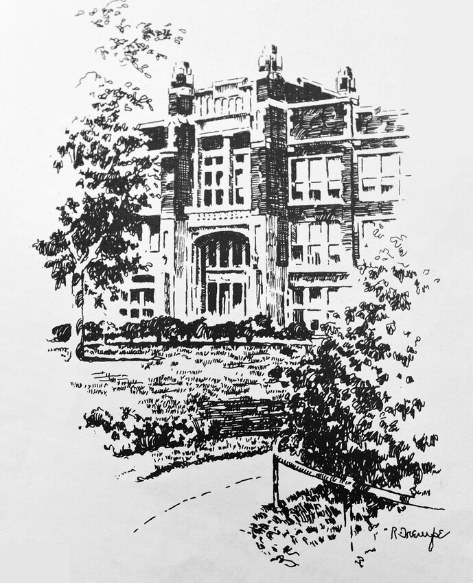 A pen-and-ink drawing of the front of Ely Memorial High School, made before the removal of 14 small ornamental turret-like caps on the facade.