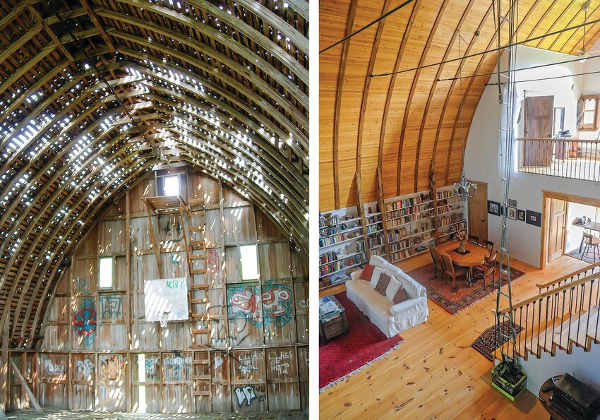 The barn in a 2005 photo, left,  showing the extensive roof damage and also the basketball hoop used by local youths for pickup games. Right: The restored loft has cedar   panels on the ceiling and white pine flooring with railing balusters   handmade in Yemen.