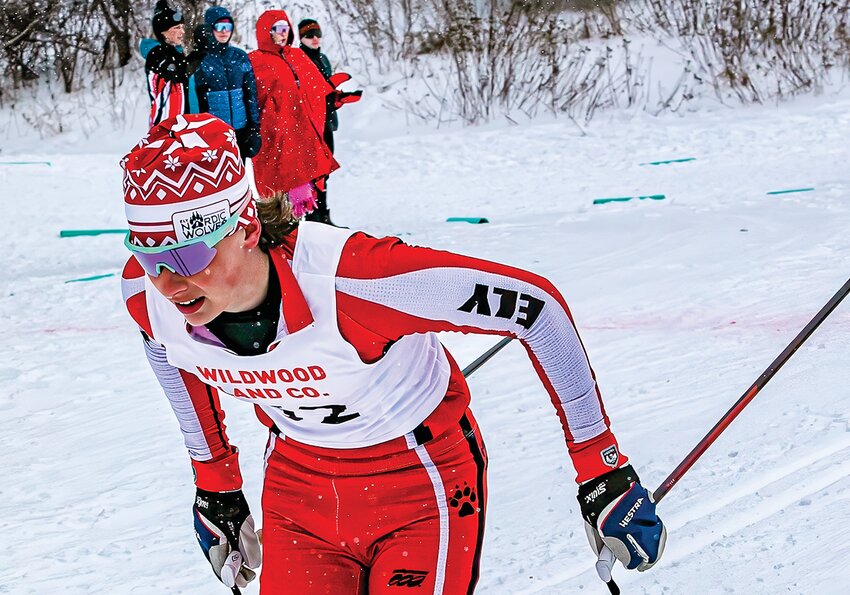 Ely&rsquo;s Dylan Durkin, who finished first overall at Saturday&rsquo;s ski meet at Hidden Valley, rolls into the finish line during a   portion of   the pursuit   competition.