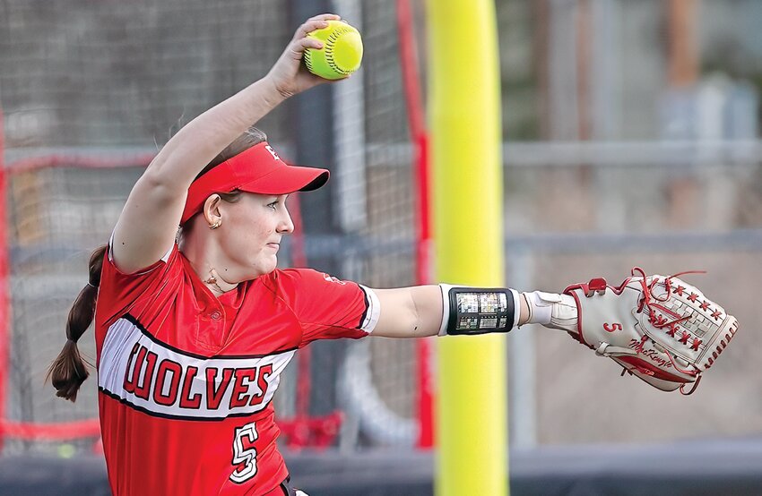 Ely junior pitcher Zoe MacKenzie winds to deliver from the mound during last week&rsquo;s contest with Mesabi East.