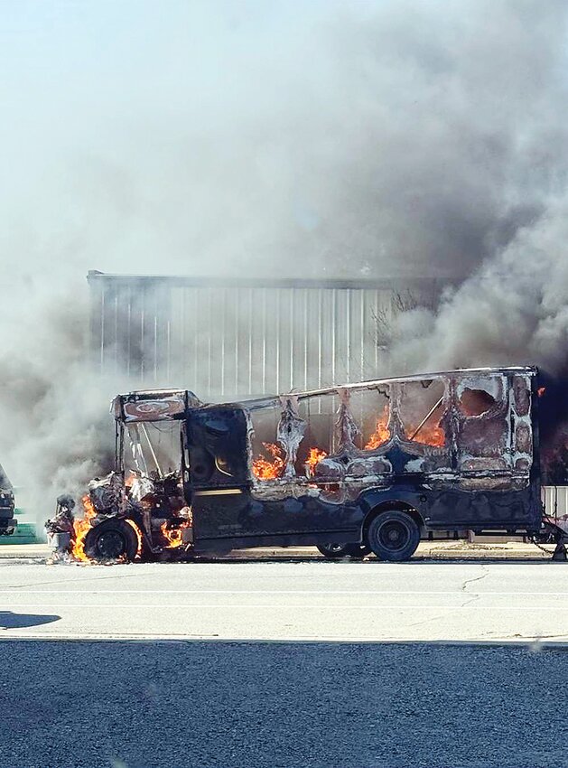 The UPS truck was a total loss after catching fire on Tower&rsquo;s Main St. photo courtesy of the Tower Fire Department