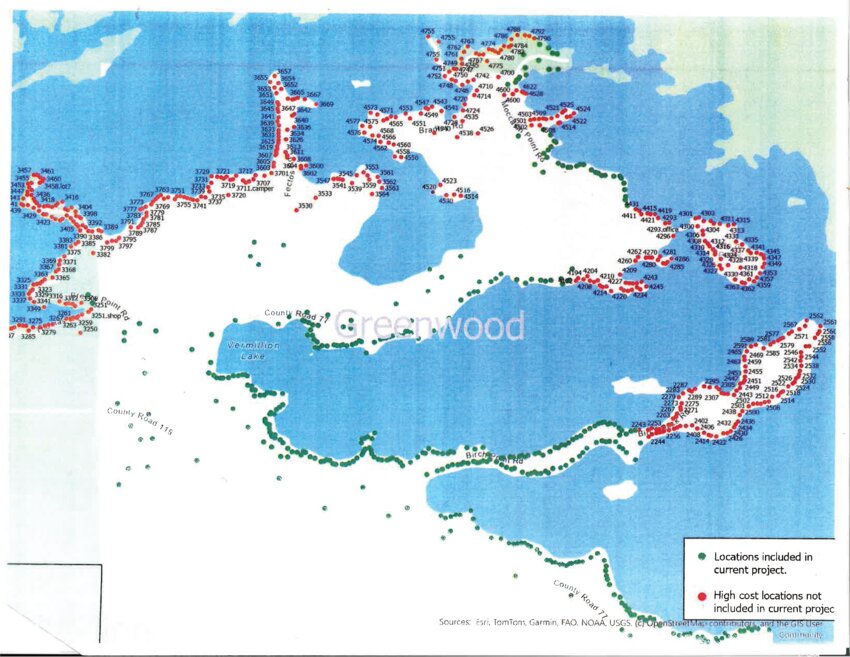 Green dots indicate areas that are in the broadband plan, and red dots indicate areas that have been removed due to increasing project costs.