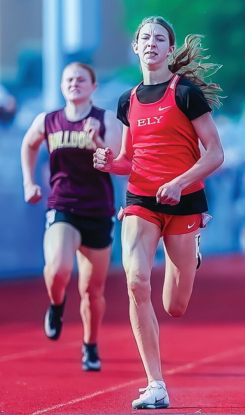 Ely&rsquo;s Violet Udovich races toward the finish line in the 400 meters at the Class A state track meet last week