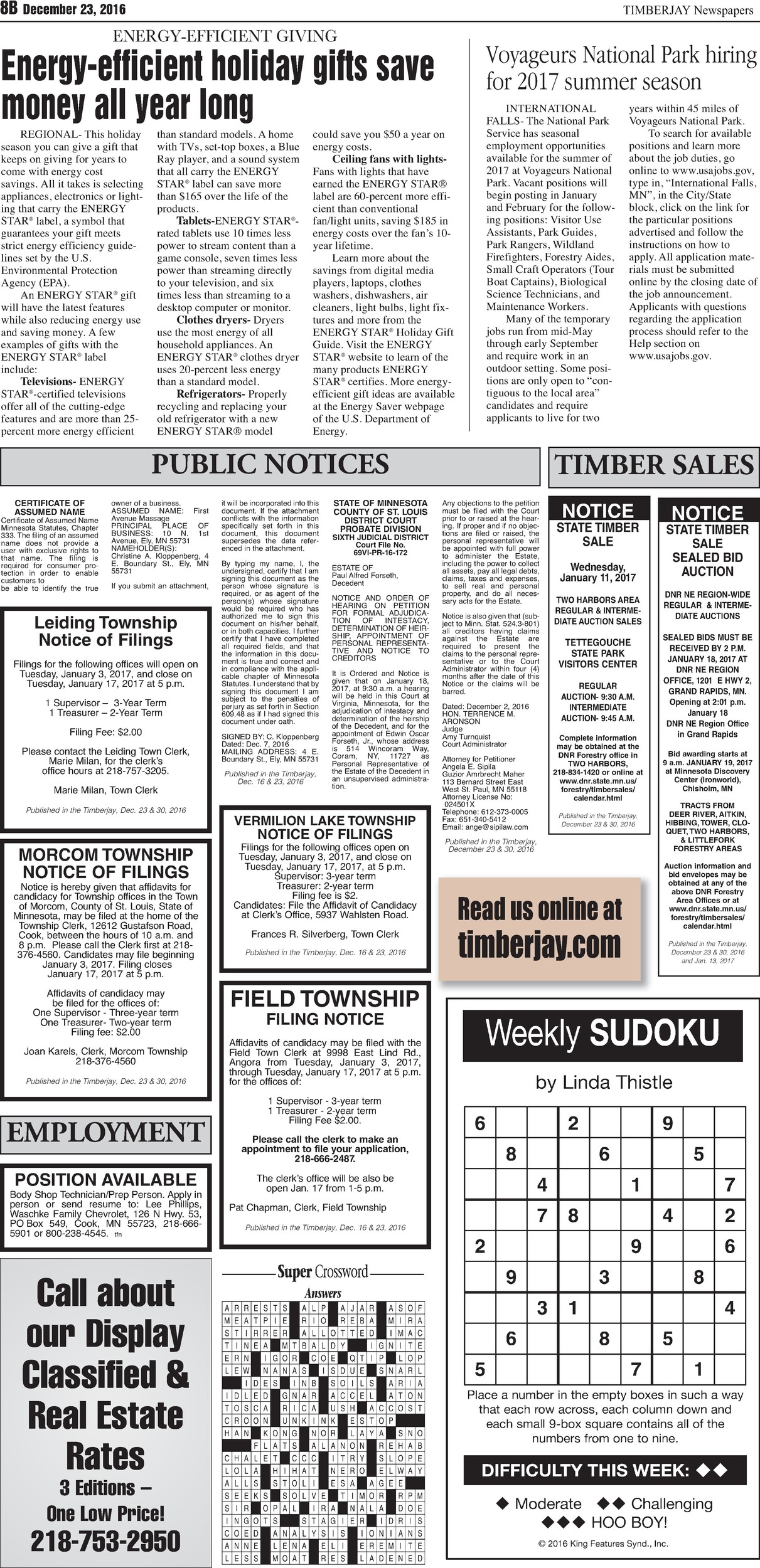 Click here to view the legal notices and classifieds on page8B