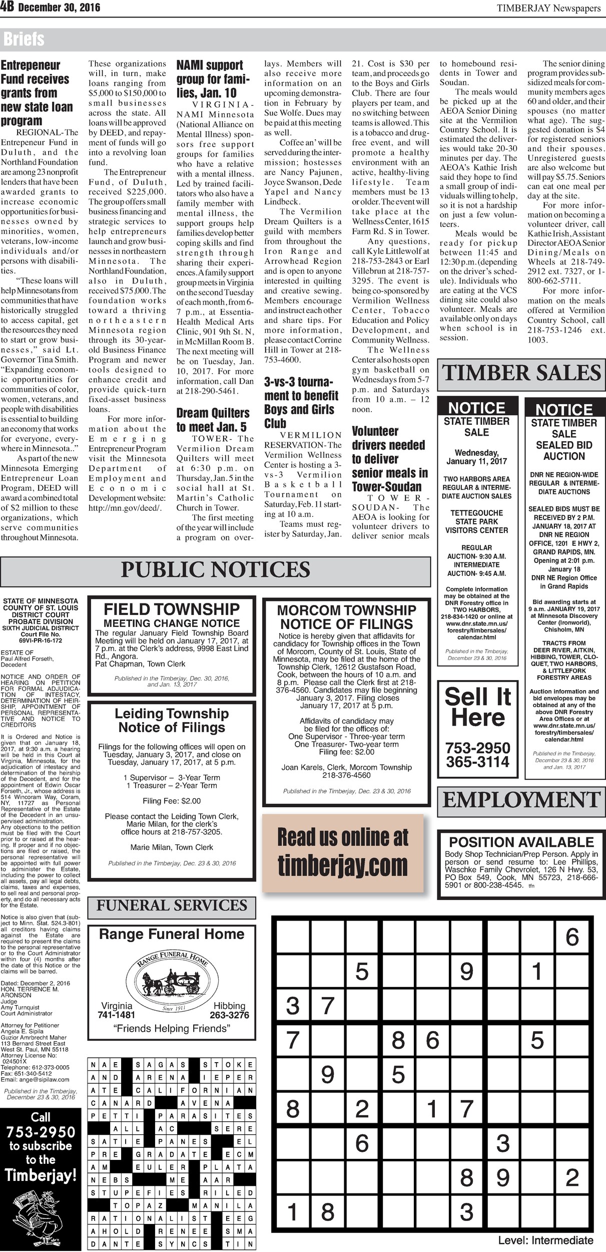 Click here to view the legal notices and classifieds from page 4B