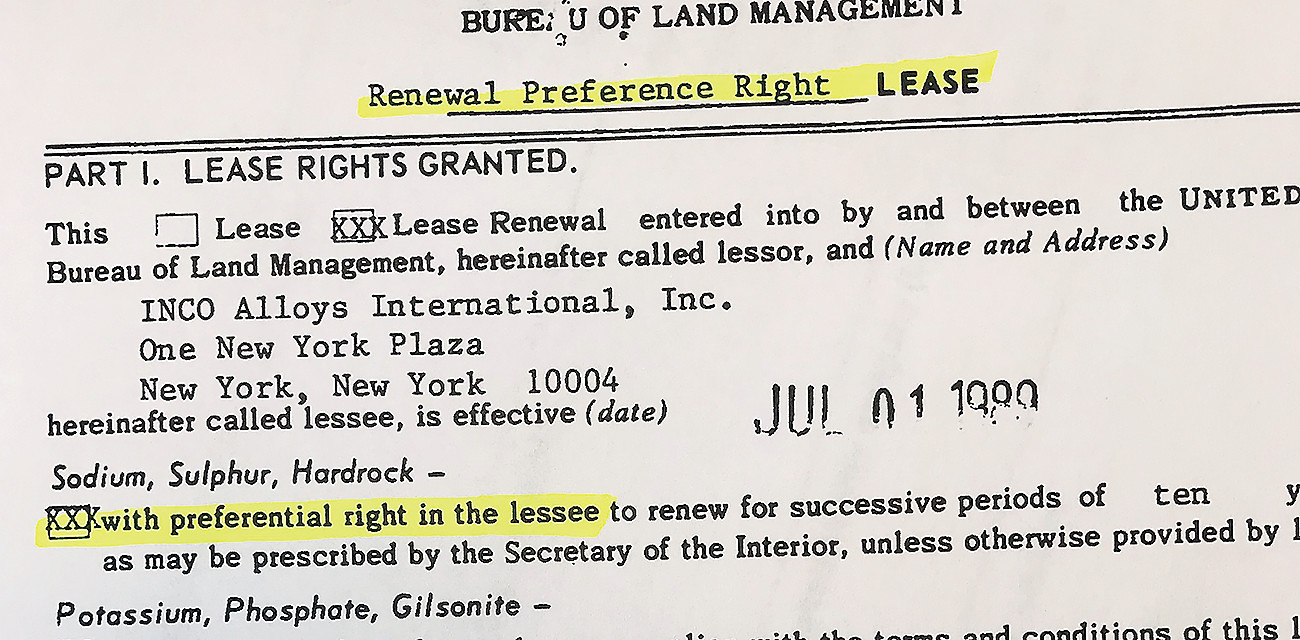 This actual image of an excerpt from the 1989 lease renewal indicates that INCO was provided preferential rights only. Such rights provide the leaseholder a preference over other parties for future renewal but they do not obligate the government to renew. This and similar documents are likely to pose a challenge to the Trump administration as it tries to defend the legality of its recent decision to reinstate mineral leases for Twin Metals.