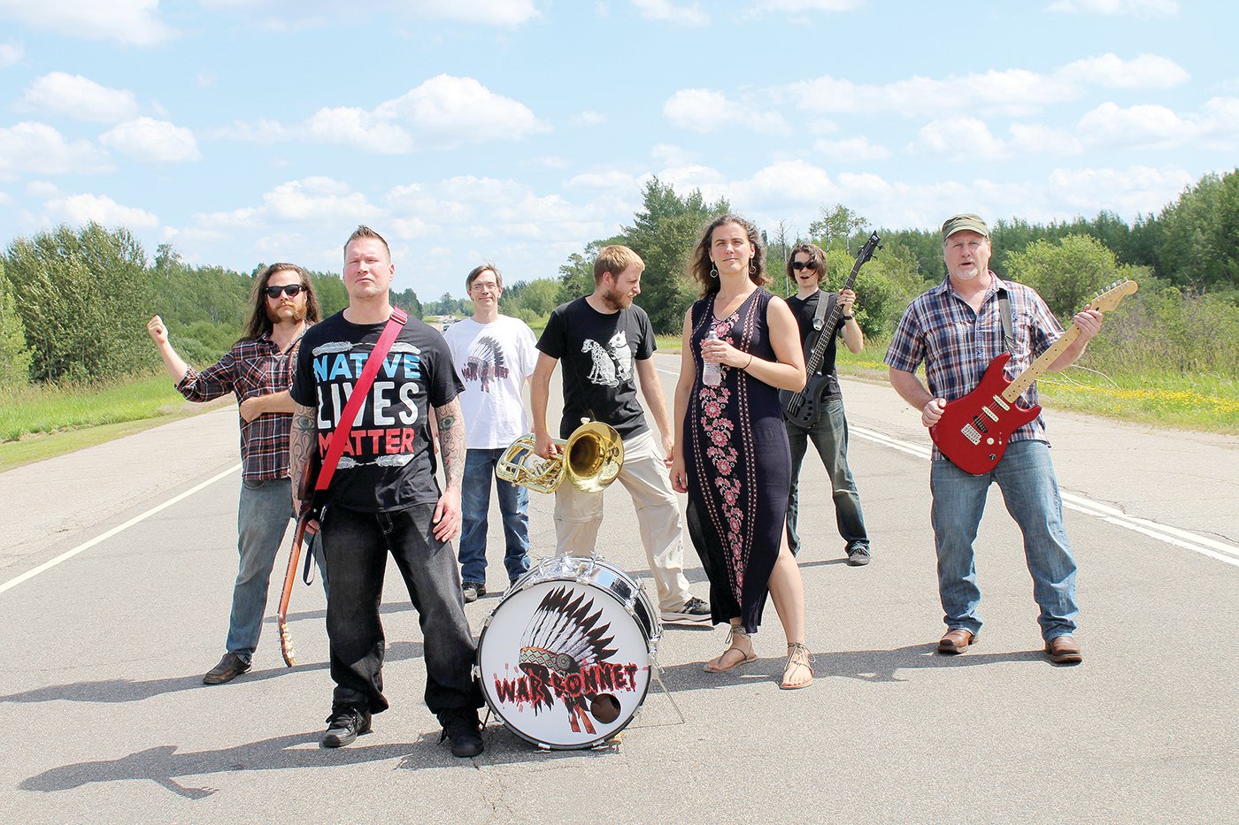 War Bonnet and their performance ensemble. Left to right are: Tom Frichek, Chaz Wagner, Tony Parson, Alex Mahne, Becky Frichek, Sean Zarn and Eric Krenz.