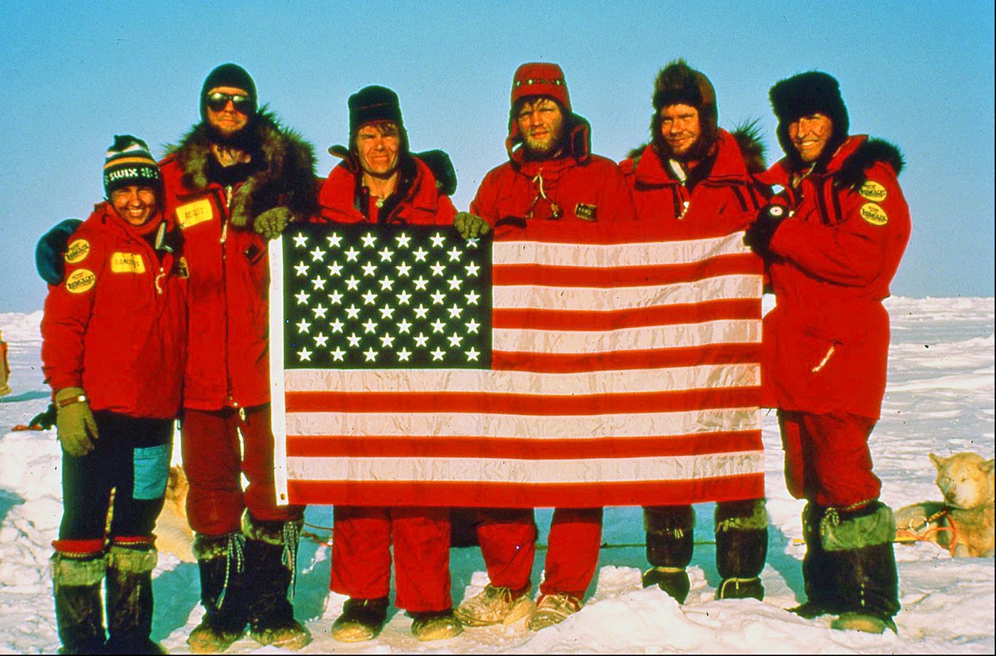 Will Steger and Paul Schurke, of Ely, are shown with their team at the North Pole in 1986. That dogsled and ski expedition that replicated 
elements of Robert Peary’s 1909 expedition that is the subject of a documentary being filmed in Ely.