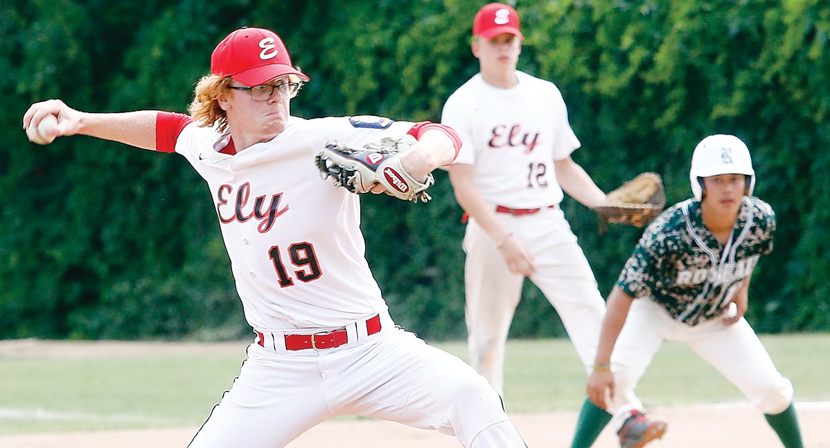 Ely pitcher Dalton Schreffler winds to deliver during last weekend’s contest against Roseau. It was all part of the annual Sir Gs Classic baseball tournament held in Ely.