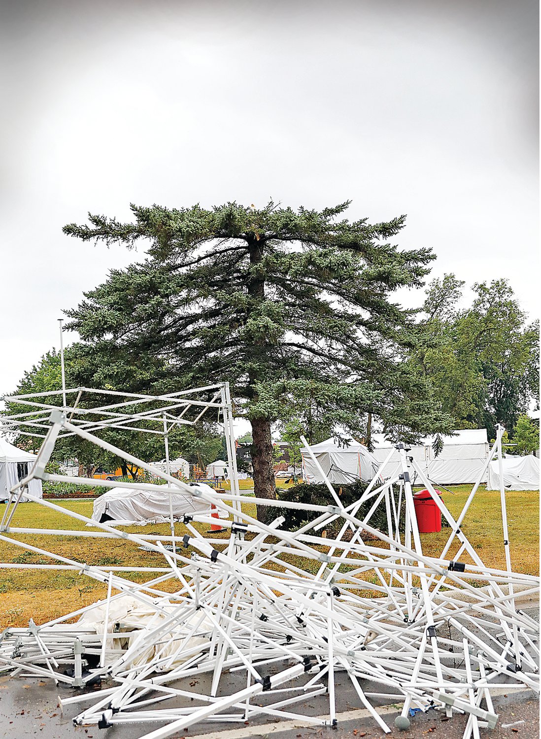 A mangled tent frame in Whiteside Park was piled in front of a busted off spruce tree.