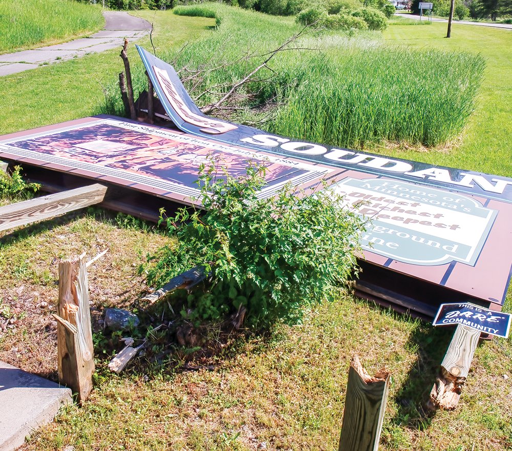 A welcome sign in Soudan was wiped out by the storms that moved though parts of the North Country Monday night.