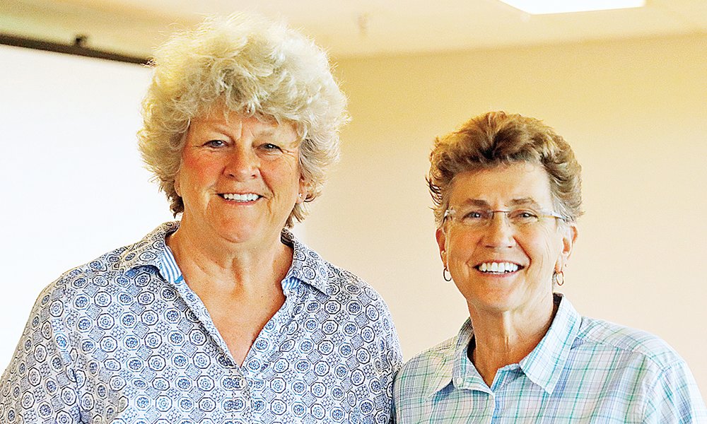 Cynthia Haugejorde, left, and Deb Sunderman spoke in Ely this week about their Title IX opportunities.