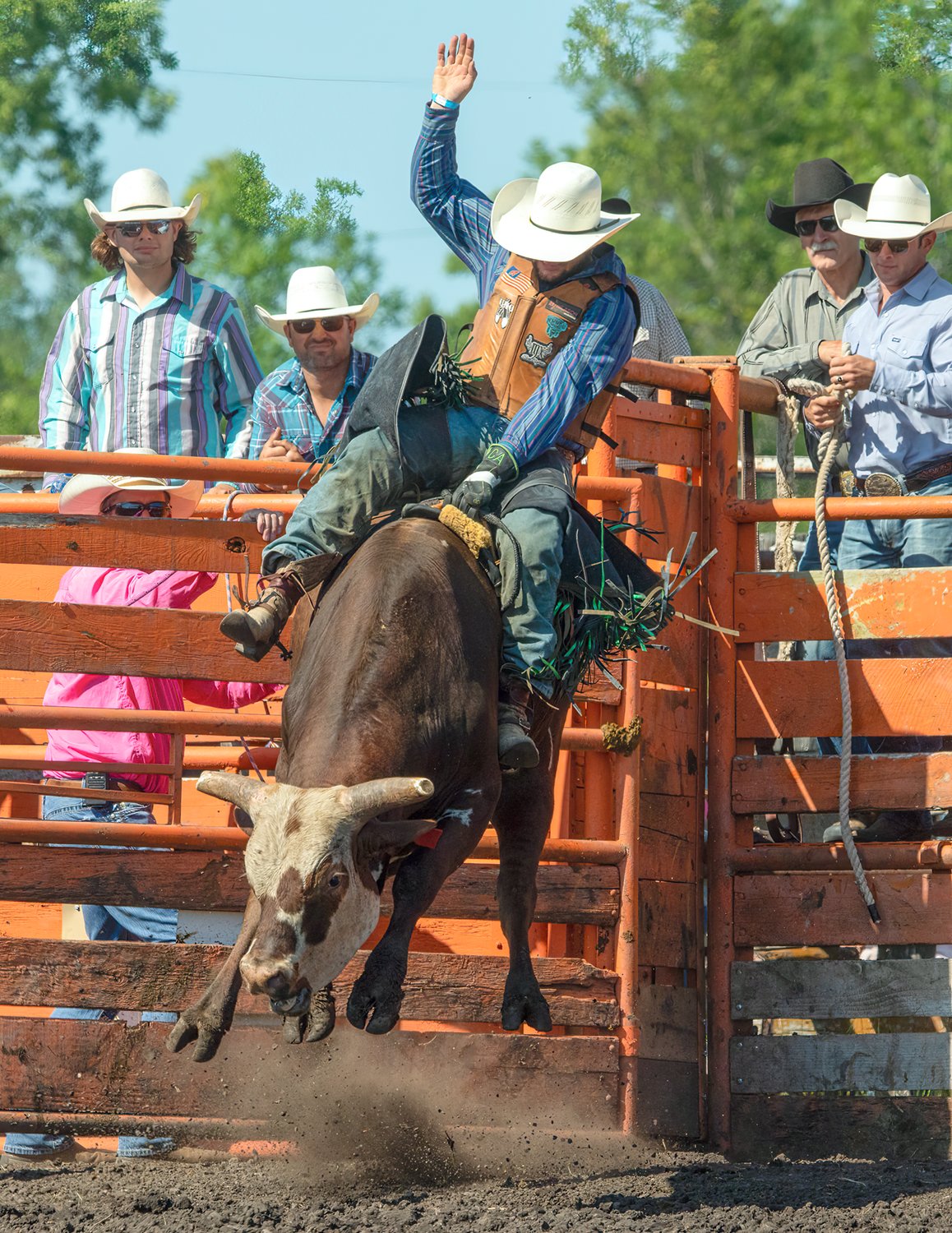 Colton Arvila, of Angora, hangs on as his bull goes airborne during the North Star Stampede held last weekend in Effie.