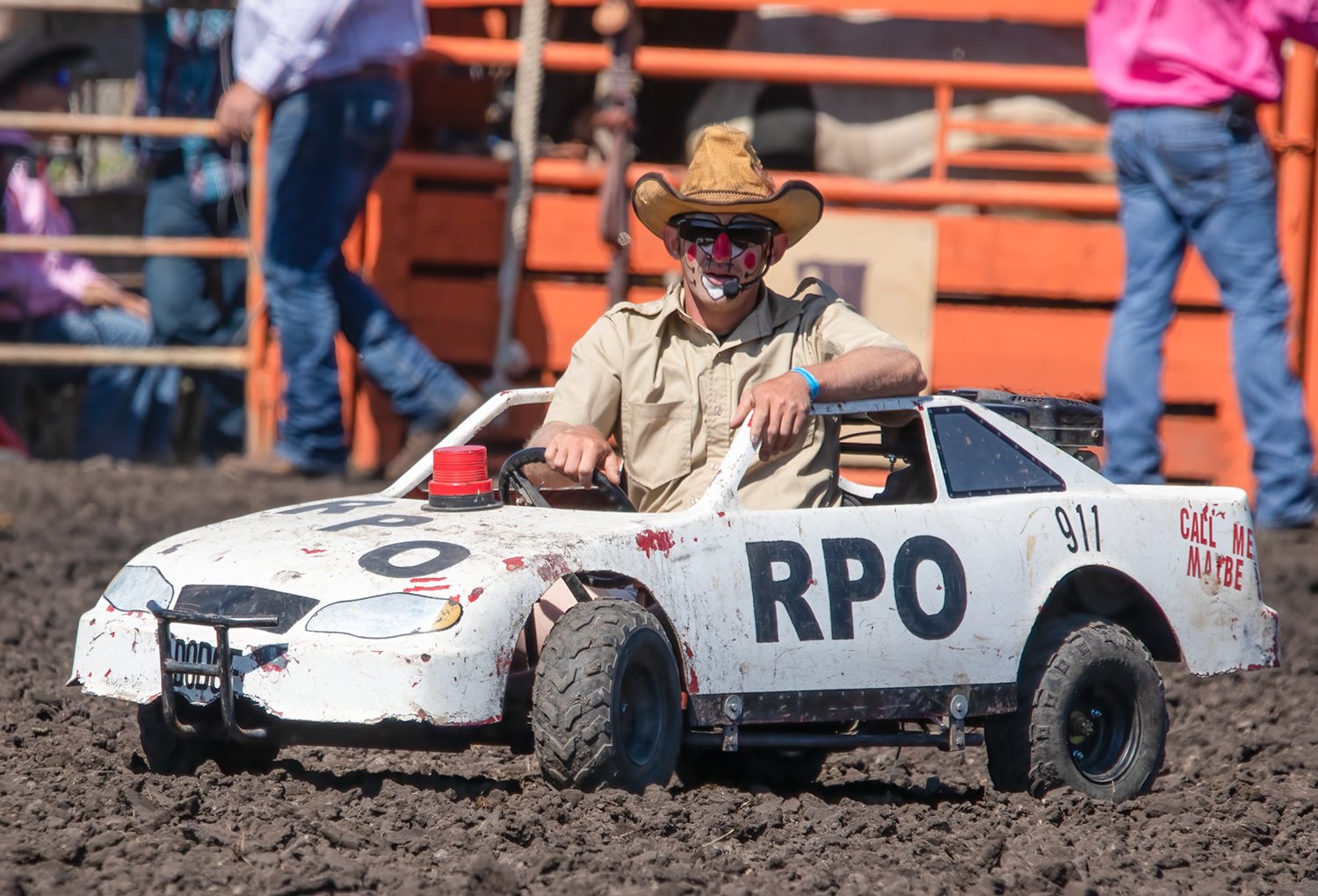 Pro rodeo clown Allan Dessel brought some new routines to the rodeo this year, including a crowd favorite where he unwittingly had his car stolen right behind his back.