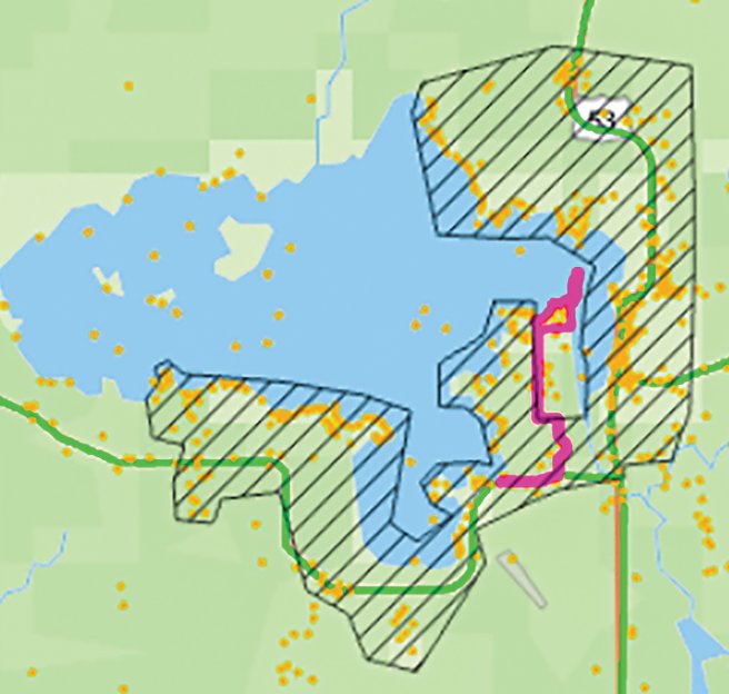 The cross-hatched portion of this map of Pelican Lake 
encompasses areas potentially served by a major new Bois Forte broadband 
project recently approved for funding.