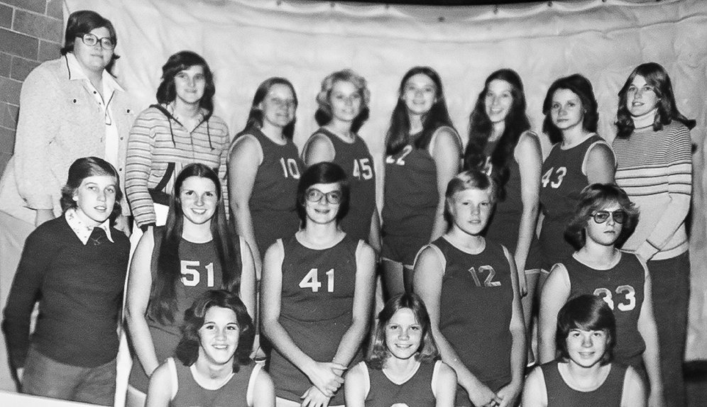The 1976 Golden Eagles girls basketball team, then under the tutelege 
of Carol Alstrom. Pictured are: (back row, l-r) Carol Alstrom, S. Morin, G. Heikkinen, K. Altop, P. Stadler, Y. Rooney, D. Trucano, Cindy Mosher. Middle row: Diane Meehan, C. Suihkonen, Julie Abrahamson, W. Syerjinen, M. Dolinar. Front row: Joan Abrahamson, L. Meehan, and M. Planton.