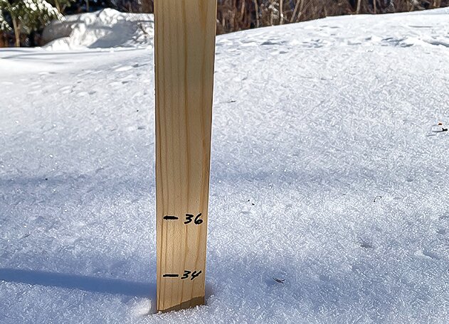 It was a snowy 
winter, but no long term  records were set locally. Duluth, by 
contrast, set a new 
all-time record of 
140.1 inches of snow this winter. Pictured here is a measuring stick reflecting snow on the ground as of March 23 in Vermilion Lake Township.