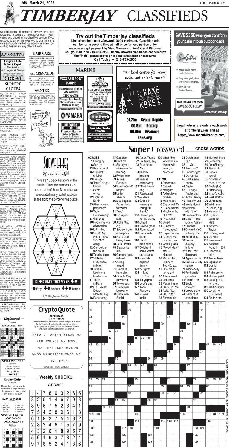 Click here for the legal notices and classifieds on page 5B
