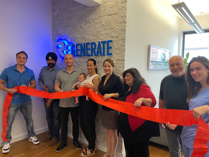 Regenerate SoftWave Therapy hosted a festive Open House in Hoboken on Tuesday, June 22. On hand to celebrate were, from left to right: Co-founder Dr. Marco Ferrucci, Hoboken Mayor Ravi&nbsp;S.&nbsp;Bhalla, Co-Founder Dr. Tim Lyons, Lorenzo Lyons, Lisa Lyons, Hoboken Council Member Tiffanie Fisher, Doreen Dalli, Joe Montelone, and Erin Robinson.